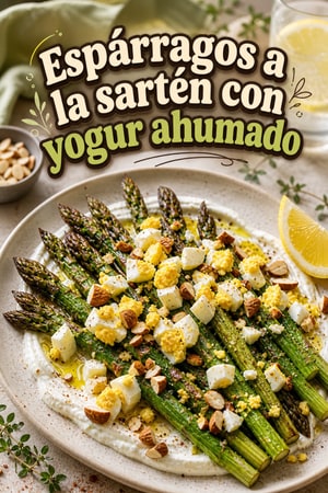 Espárragos a la sartén con yogur ahumado y almendras