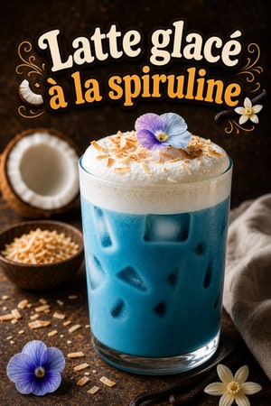 Latte glacé bleu à la spiruline, mousse coco-vanille