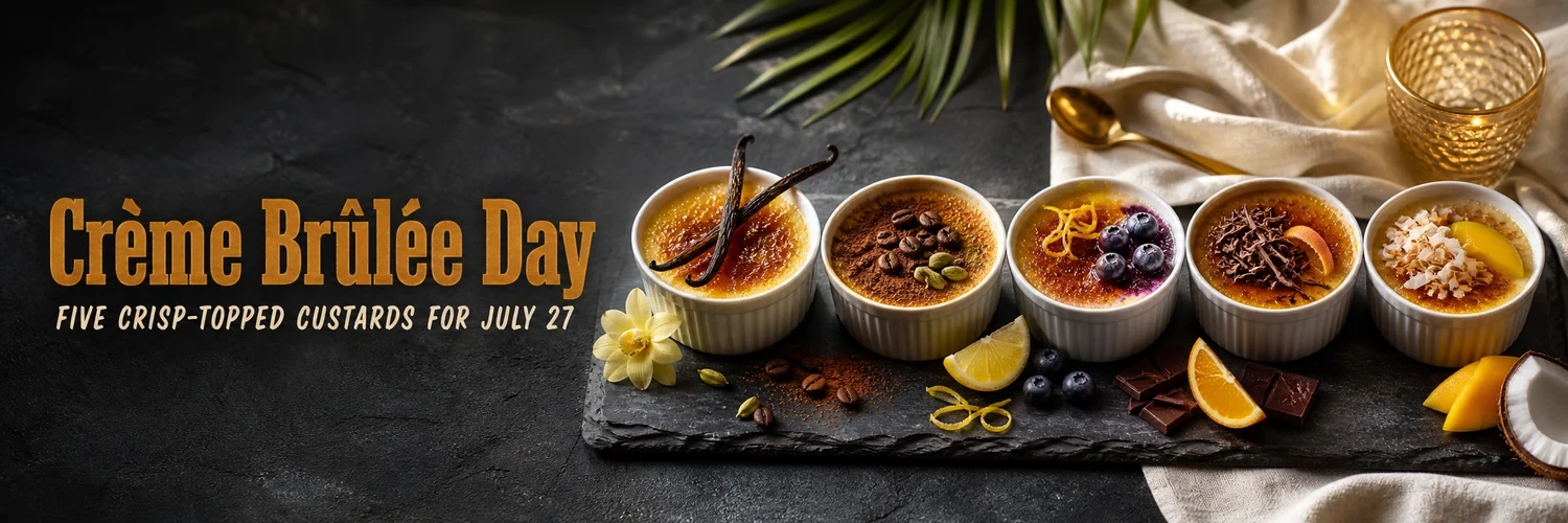 Five crème brûlée ramekins with vanilla, coffee, berry, chocolate, and tropical accents