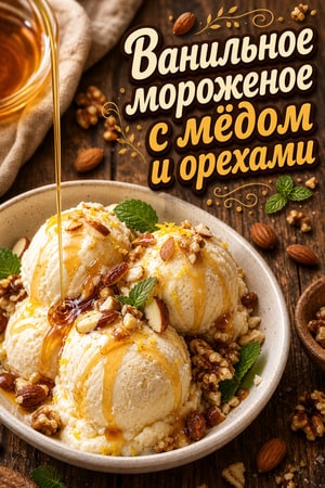 Шарики ванильного мороженого с тёплым мёдом и орехами