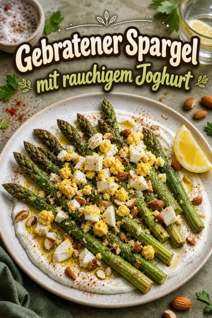 Gebratener Spargel mit rauchigem Joghurt und Mandeln
