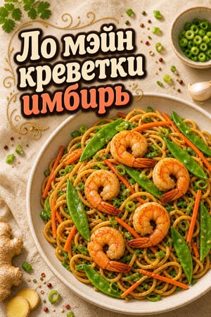 Ло мэйн с креветками, имбирем и овощами