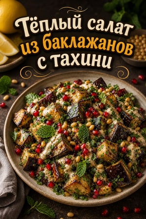 Теплый салат из баклажана с тахини и свежей зеленью