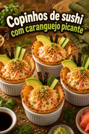 Copinhos de Sushi Bake com Caranguejo Picante e Crocante