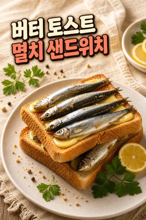 바삭한 버터 토스트 위의 멸치 샌드위치 - 영국식 클래식