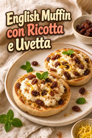 English muffin con ricotta calda, uvetta e poco zucchero