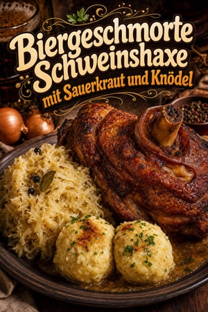 Biergeschmorte Schweinshaxe mit Sauerkraut und Knödel
