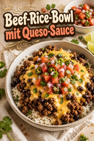 Herzhafte Beef-Rice-Bowls mit cremiger Queso-Sauce