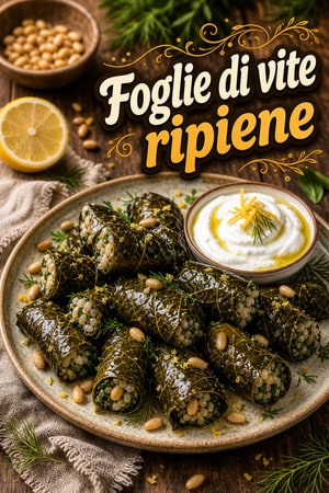 Foglie di vite ripiene al limone, aneto e pinoli tostati
