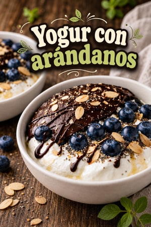Tazón de yogur con arándanos y capa de chocolate crujiente