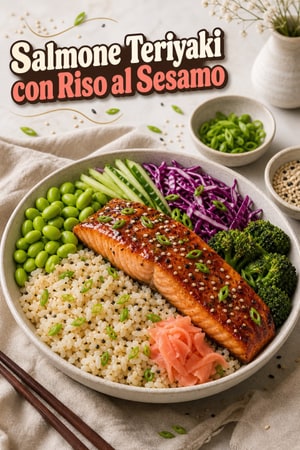 Ciotole di Salmone al Teriyaki con Riso ai Sesamo e Verdure Croccanti