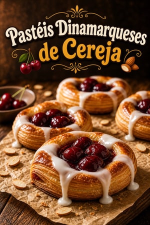 Pastéis Dinamarqueses Recheados com Cereja e Calda de Amêndoa