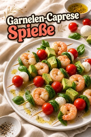 Kalte mediterrane Garnelen-Caprese-Spieße mit Avocado