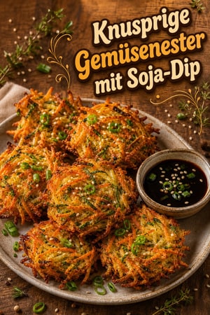 Knusprige Gemüse-Vogelnester mit süßem Soja-Dipping-Sauce