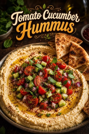 Hummus Heaped with Tomatoes and Cucumbers