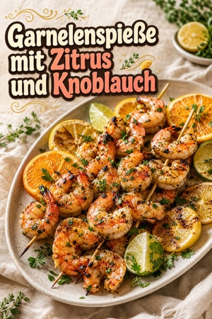 Spritzige Zitrus-Knoblauch-Garnelenspieße mit Kräutern