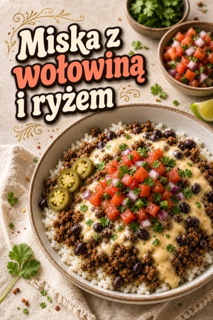 Miska z wołowiną, ryżem i kremowym sosem queso