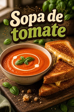 Sopa cremosa de tomate e manjericão com queijo grelhado