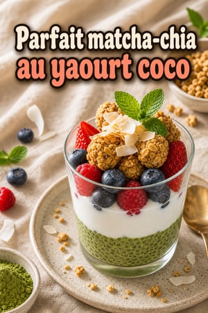 Parfait crémeux matcha-chia, yaourt coco & fruits rouges