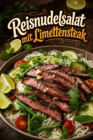 Reisnudelsalat mit Steak, Knoblauch und Limette