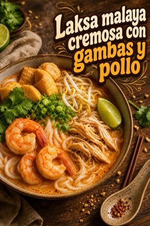 Laksa malaya cremosa con gambas y pollo desmenuzado