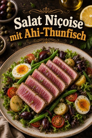 Klassischer französischer Salat Niçoise mit Ahi-Thunfisch