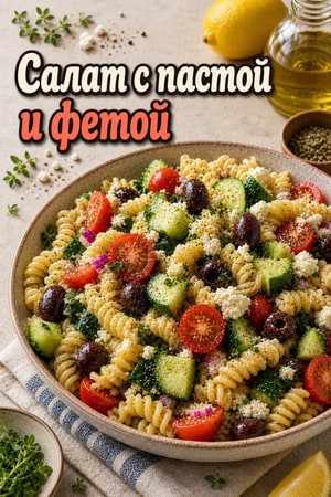 Пикантный средиземноморский салат с пастой и фетой