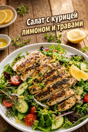 Салат с лимонной травяной курицей на гриле и хрустящей зеленью