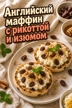 Английский маффин с изюмом и тёплой рикоттой — низкосахарный