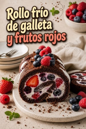 Enrollado sin hornear de galleta, crema y frutas del bosque