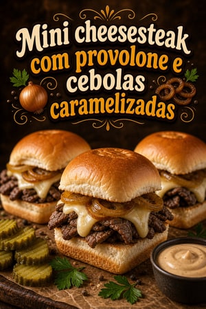 Mini cheesesteak com provolone e cebolas caramelizadas