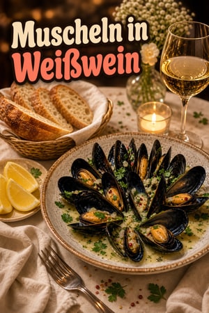Romantische Muscheln in Knoblauch-Weißwein-Sud mit Baguette