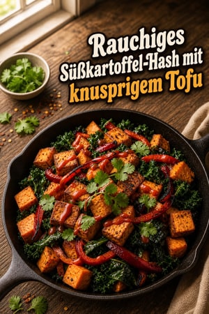 Rauchiges Süßkartoffel-Hash mit knusprigem Tofu aus der Pfanne