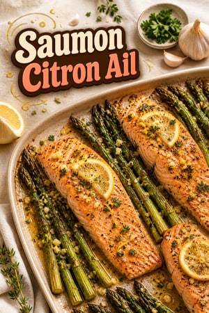 Saumon au citron et ail sur plaque et ses asperges rôties