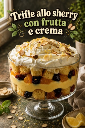 Trifle classico al sherry con frutta, crema e panna