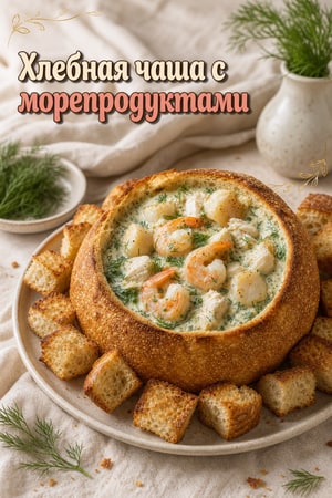 Морепродукты в хрустящей чаше из закваски со сливочно-укропным соусом