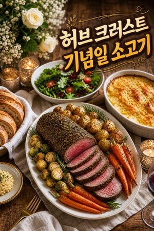 우아한 기념일 뷔페 메뉴 허브 크러스트 소고기와 구운 채소