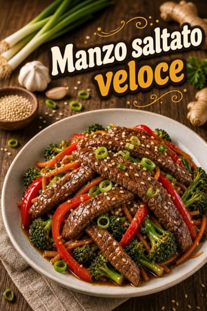 Saltato di manzo veloce con aglio, zenzero e sesamo
