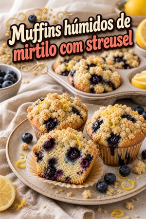 Muffins húmidos de mirtilo com streusel de limão fáceis