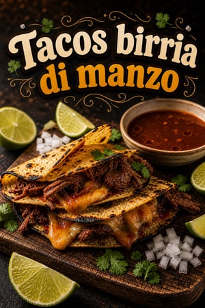 Tacos birria di manzo affumicato con consomé per intingere