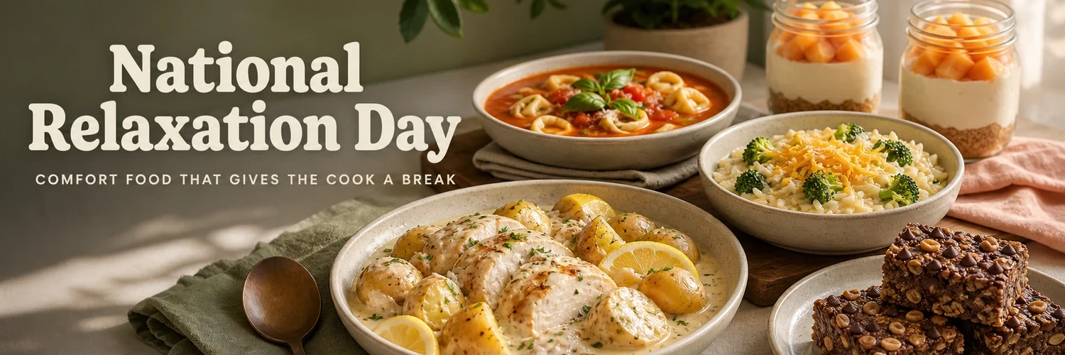 Relaxed comfort-food spread with slow-cooker chicken, tortellini soup, cheesy orzo, peach cheesecake jars, and chocolate oat bars