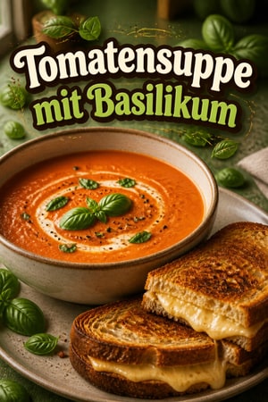 Cremige Tomatensuppe mit Basilikum und Grilled Cheese