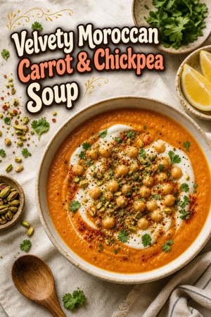 Velvety Moroccan Carrot & Chickpea Soup with Harissa