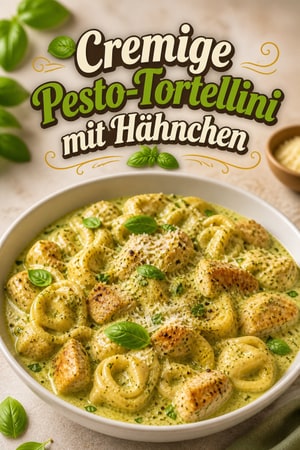 Cremige Pesto-Hähnchen-Tortellini mit frischem Basilikum