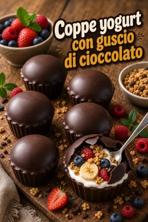 Coppe di Yogurt con Guscio di Cioccolato e Frutta fresca