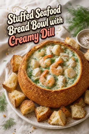 Stuffed Seafood Bread Bowl with Creamy Dill Sauce