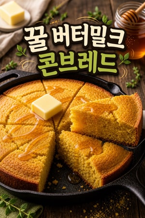 꿀로 풍미를 살린 황금빛 무쇠팬 버터밀크 콘브레드 레시피