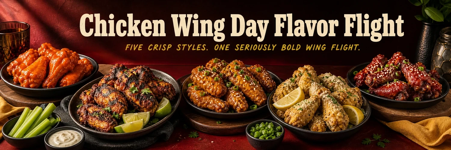 Five styles of crisp chicken wings arranged for a Chicken Wing Day tasting