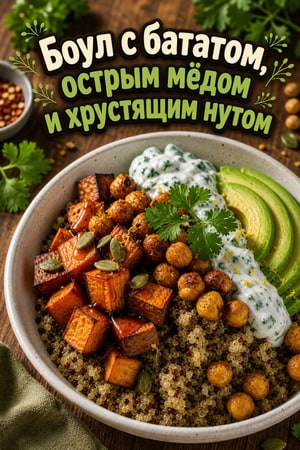 Горячая медовая миска с бататом, хрустящим нутом и йогуртом