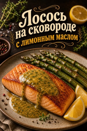 Лосось на сковороде с лимонно-травяным маслом и спаржей